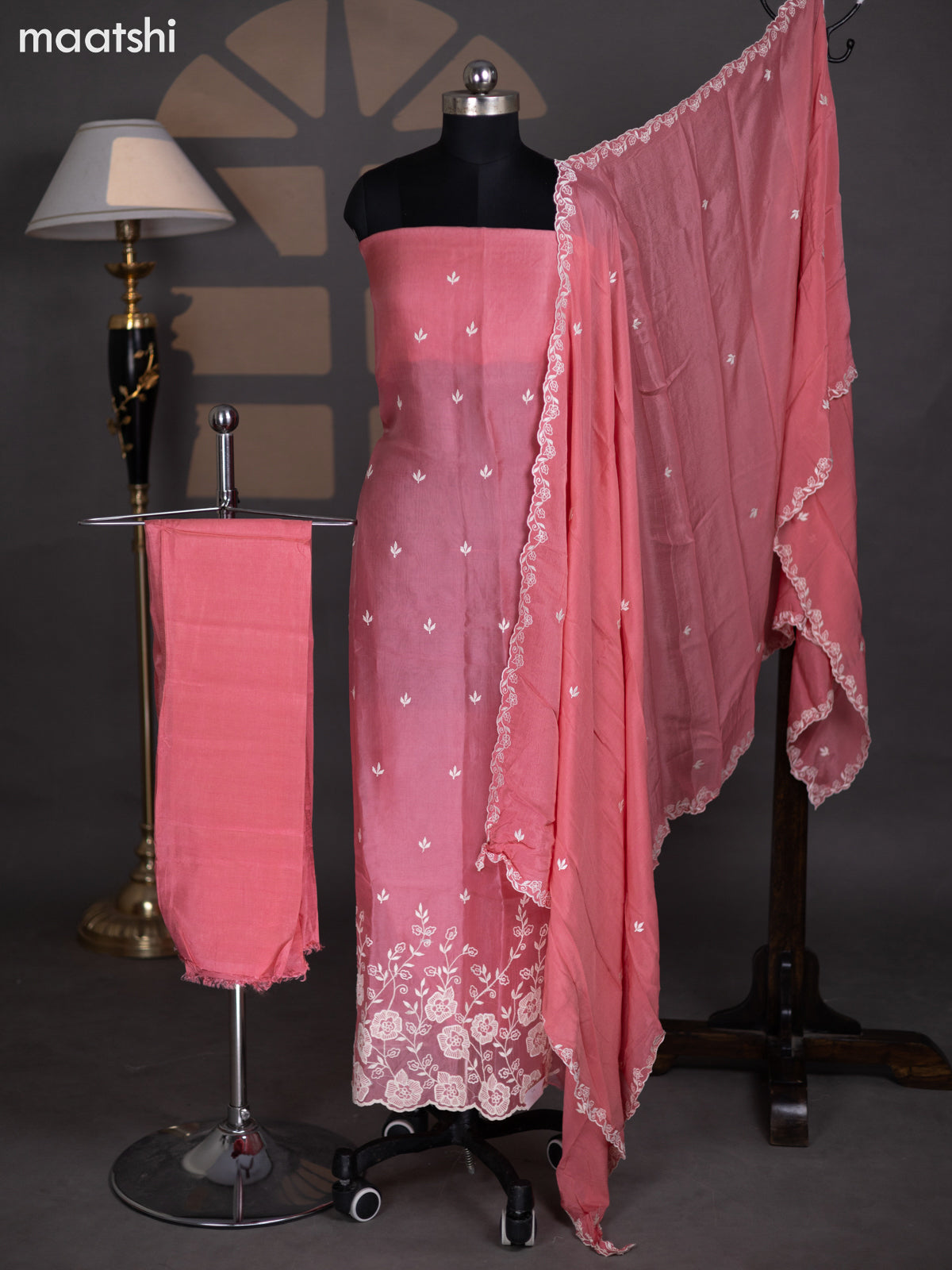 Peach Pink Organza Dress Material With Floral Embroidery Work Pattern and Bottom & Dupatta
