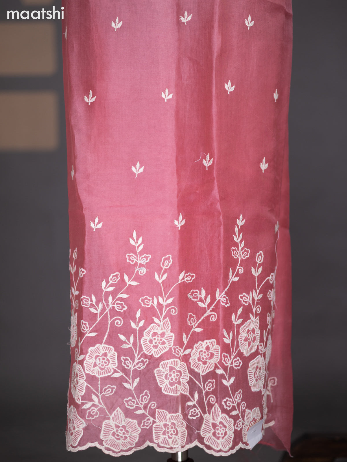 Peach Pink Organza Dress Material With Floral Embroidery Work Pattern and Bottom & Dupatta