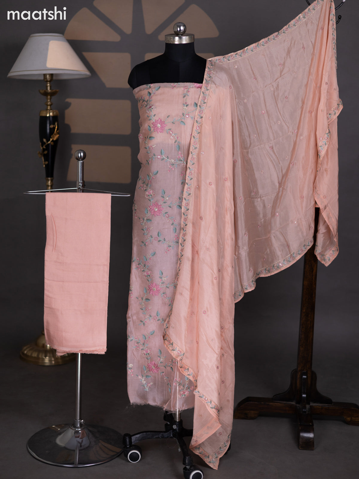 Mild Peach Organza Dress Material With Embroidery Work Pattern and Bottom & Dupatta
