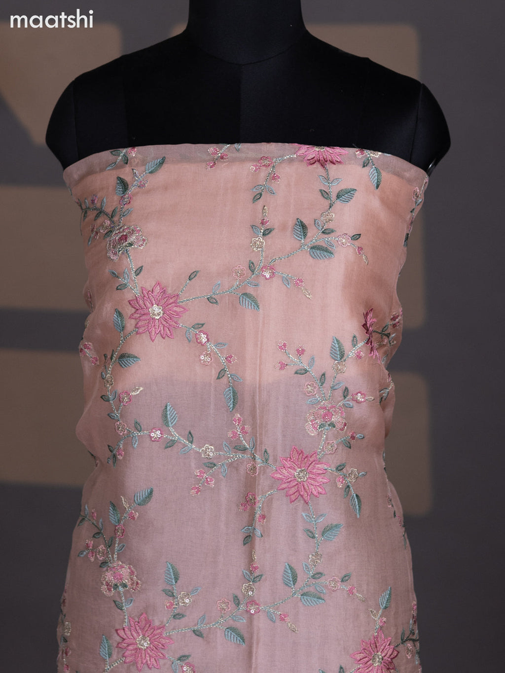 Mild Peach Organza Dress Material With Embroidery Work Pattern and Bottom & Dupatta