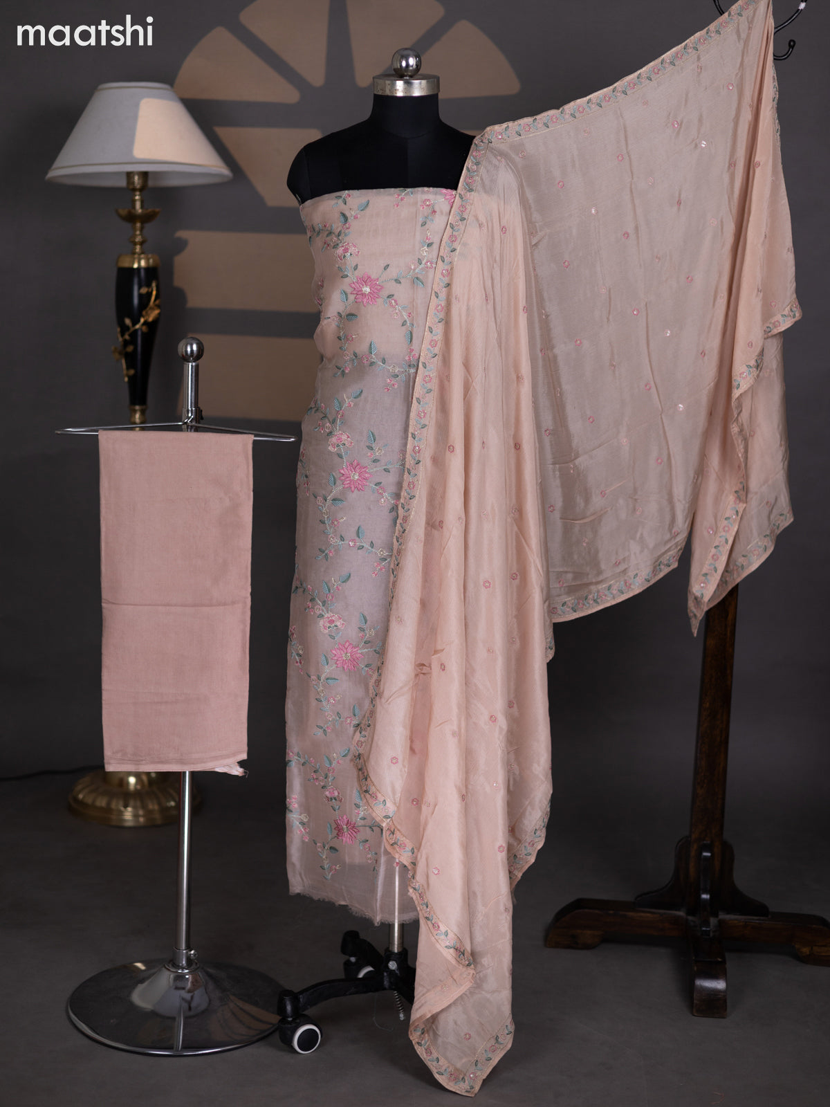 Pastel Brown Organza Dress Material With Embroidery Work Pattern and Bottom & Dupatta