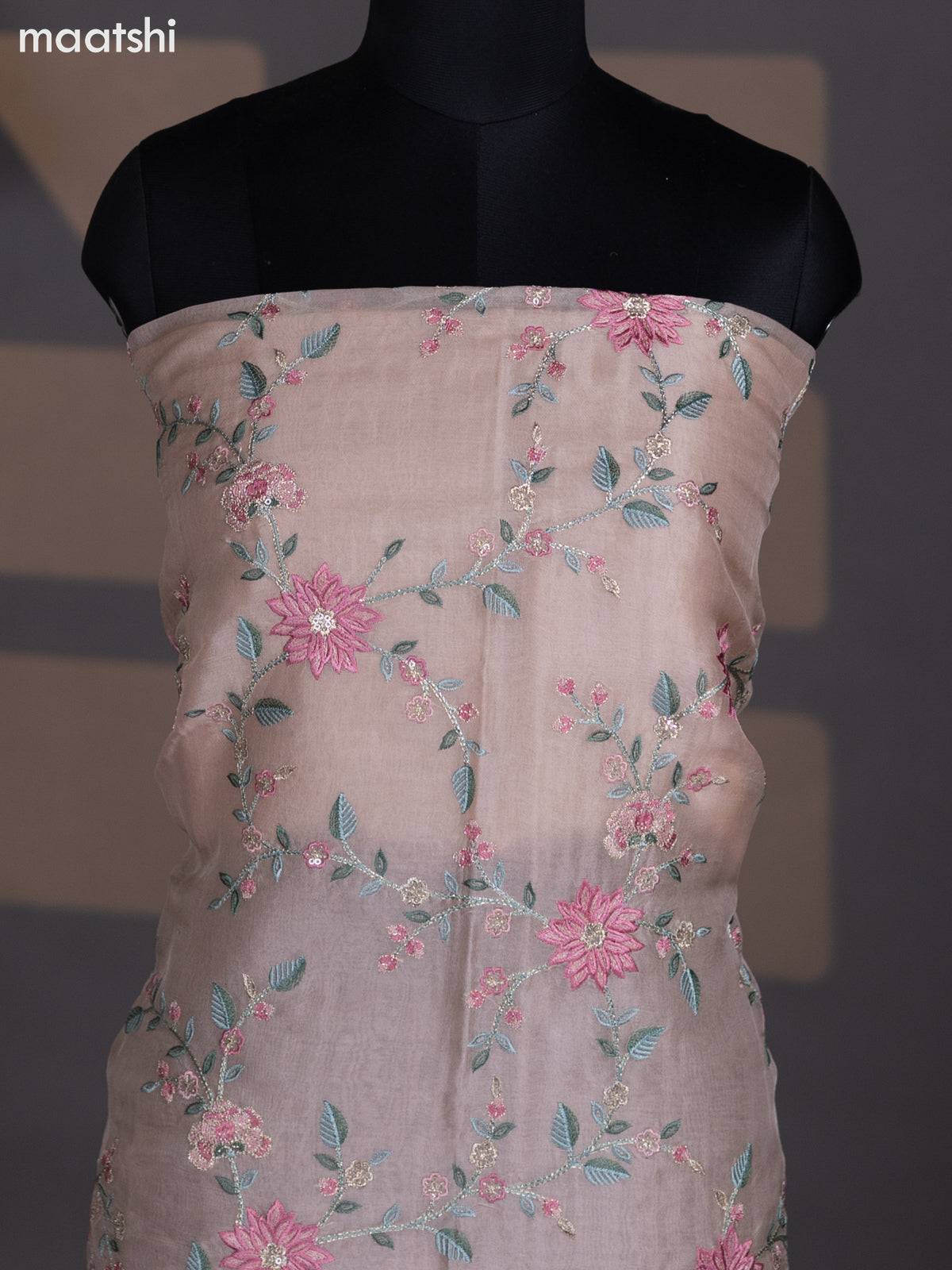 Pastel Brown Organza Dress Material With Embroidery Work Pattern and Bottom & Dupatta