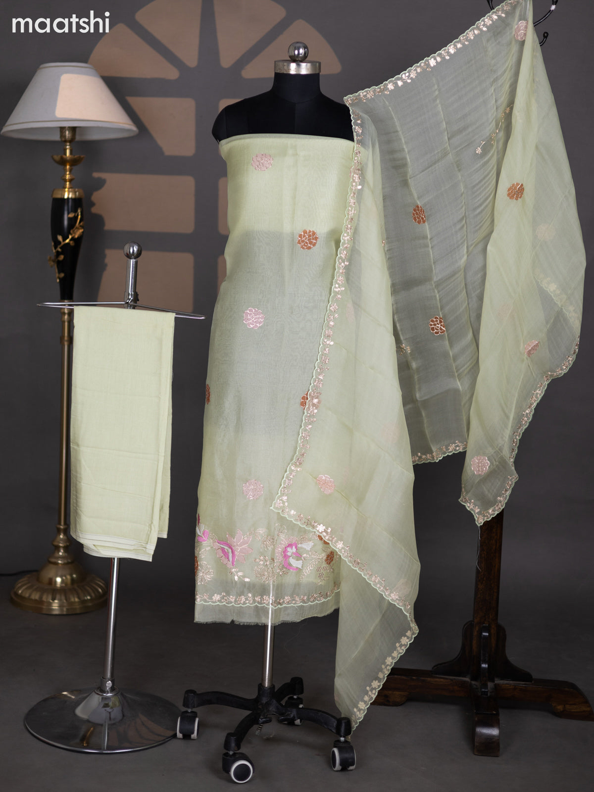 Pastel Green Organza Dress Material With Gota Patti Work Pattern and Bottom & Dupatta