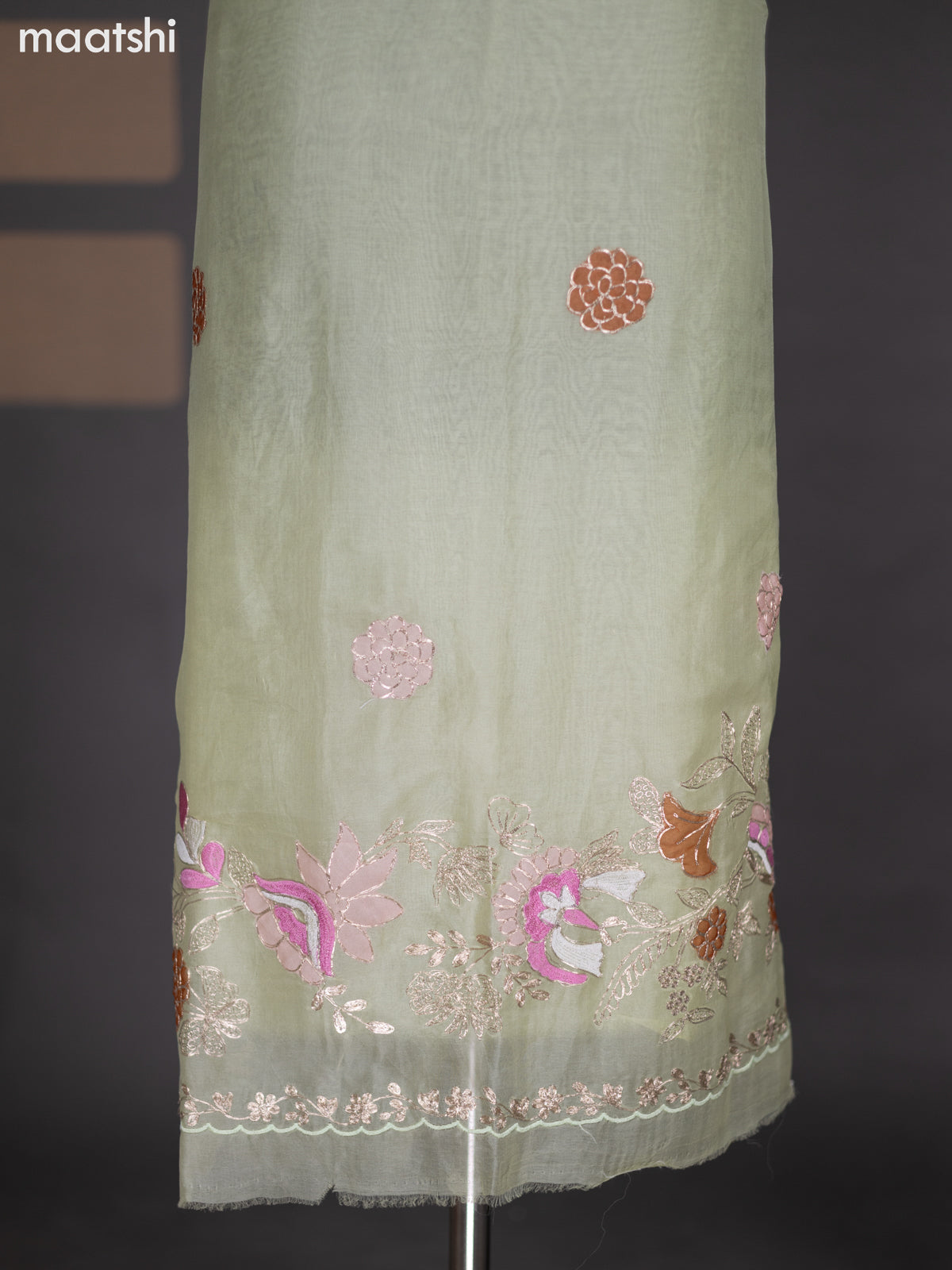 Pastel Green Organza Dress Material With Gota Patti Work Pattern and Bottom & Dupatta