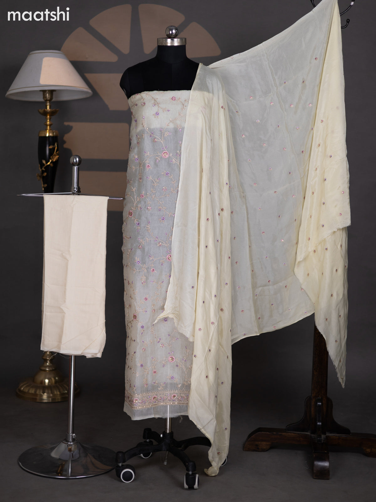 Cream Organza Dress Material With Gota Patti & Embroidery Work Pattern and Bottom & Dupatta