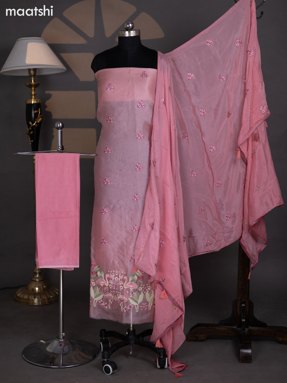 Peach Pink Organza Dress Material With Embroidery Work Pattern and Bottom & Dupatta