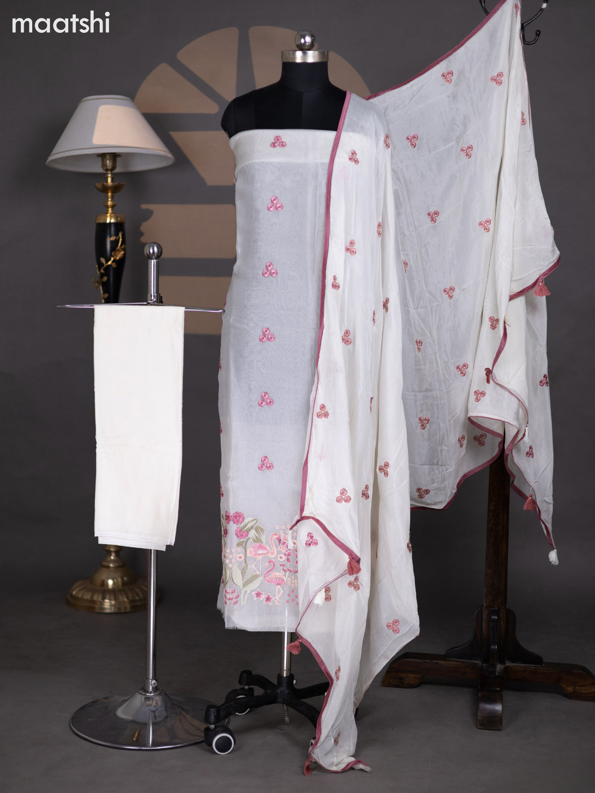 Off White Organza Dress Material With Embroidery Work Pattern and Bottom & Dupatta