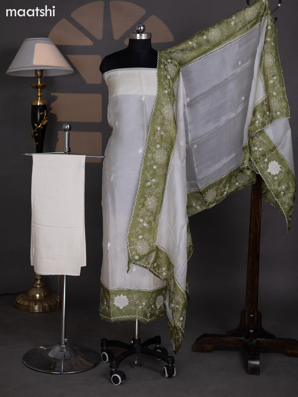 Off White and Mehendi Green Organza Dress Material With Embroidery Work Border and Bottom & Dupatta