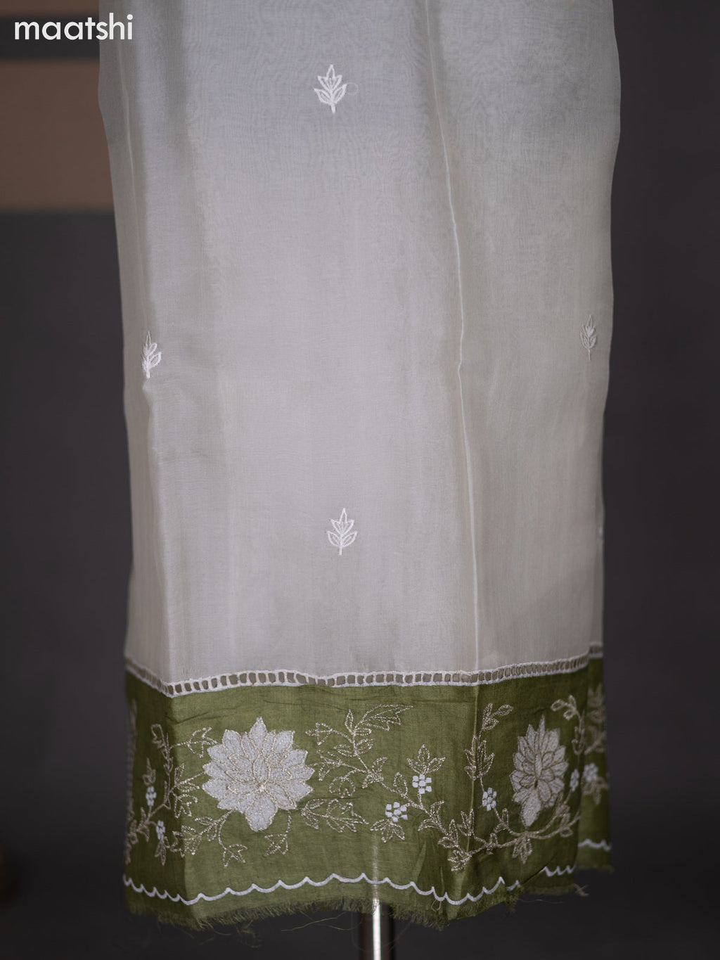 Off White and Mehendi Green Organza Dress Material With Embroidery Work Border and Bottom & Dupatta