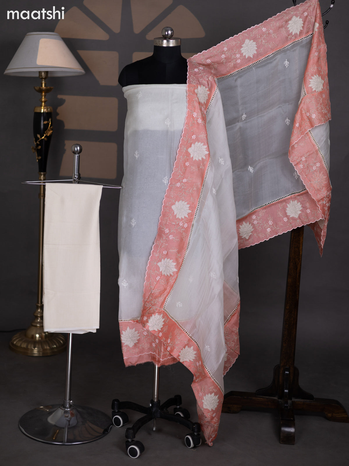 Off White and Peach Organza Dress Material With Embroidery Work Border and Bottom & Dupatta