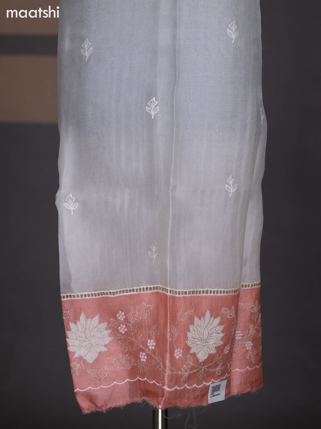 Off White and Peach Organza Dress Material With Embroidery Work Border and Bottom & Dupatta