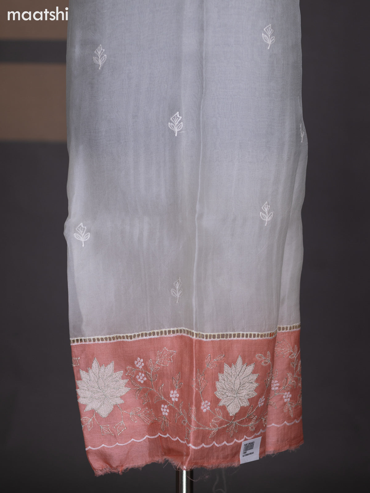 Off White and Peach Organza Dress Material With Embroidery Work Border and Bottom & Dupatta