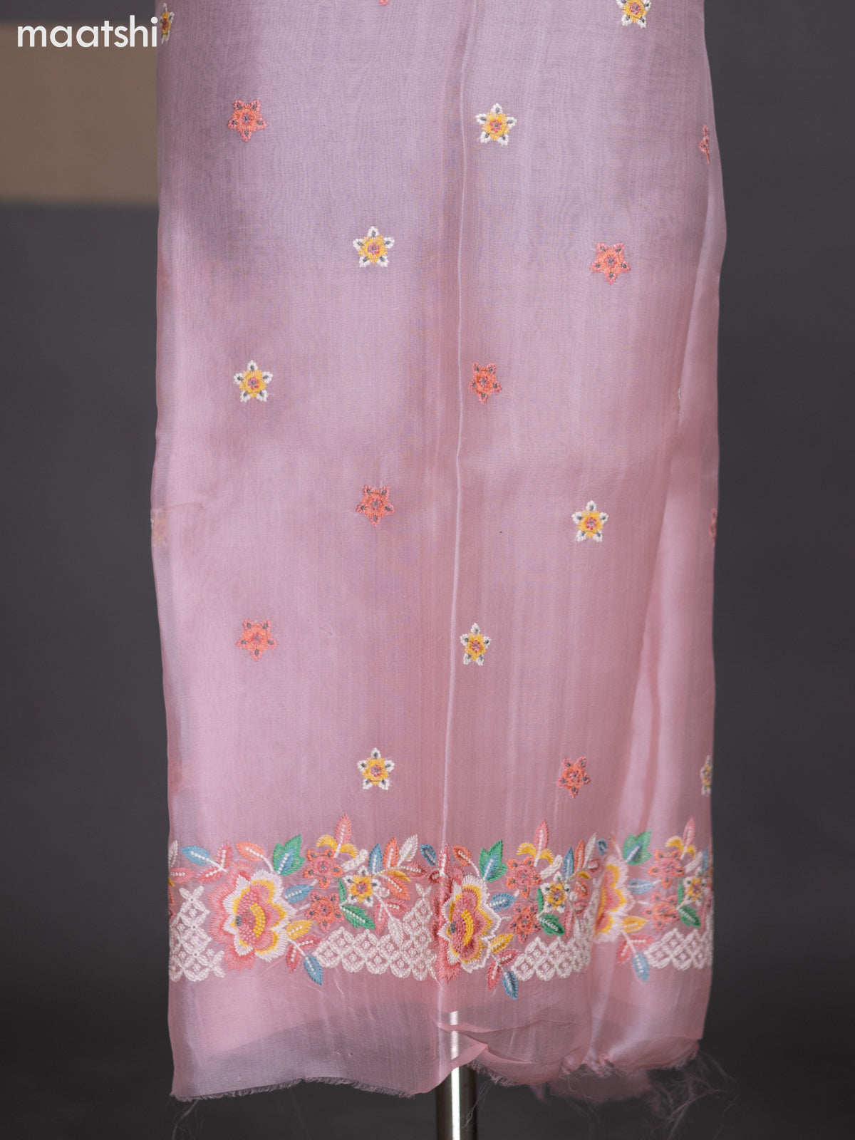 Mild Peach Pink Organza Dress Material With Floral Embroidery Work Pattern and Bottom & Dupatta