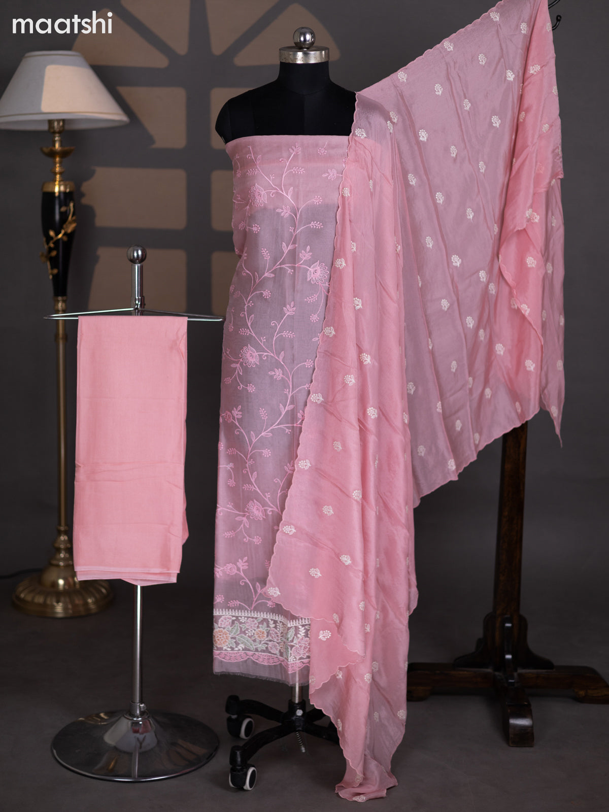 Mild Peach Pink Organza Dress Material With Embroidery Work Pattern and Bottom & Dupatta