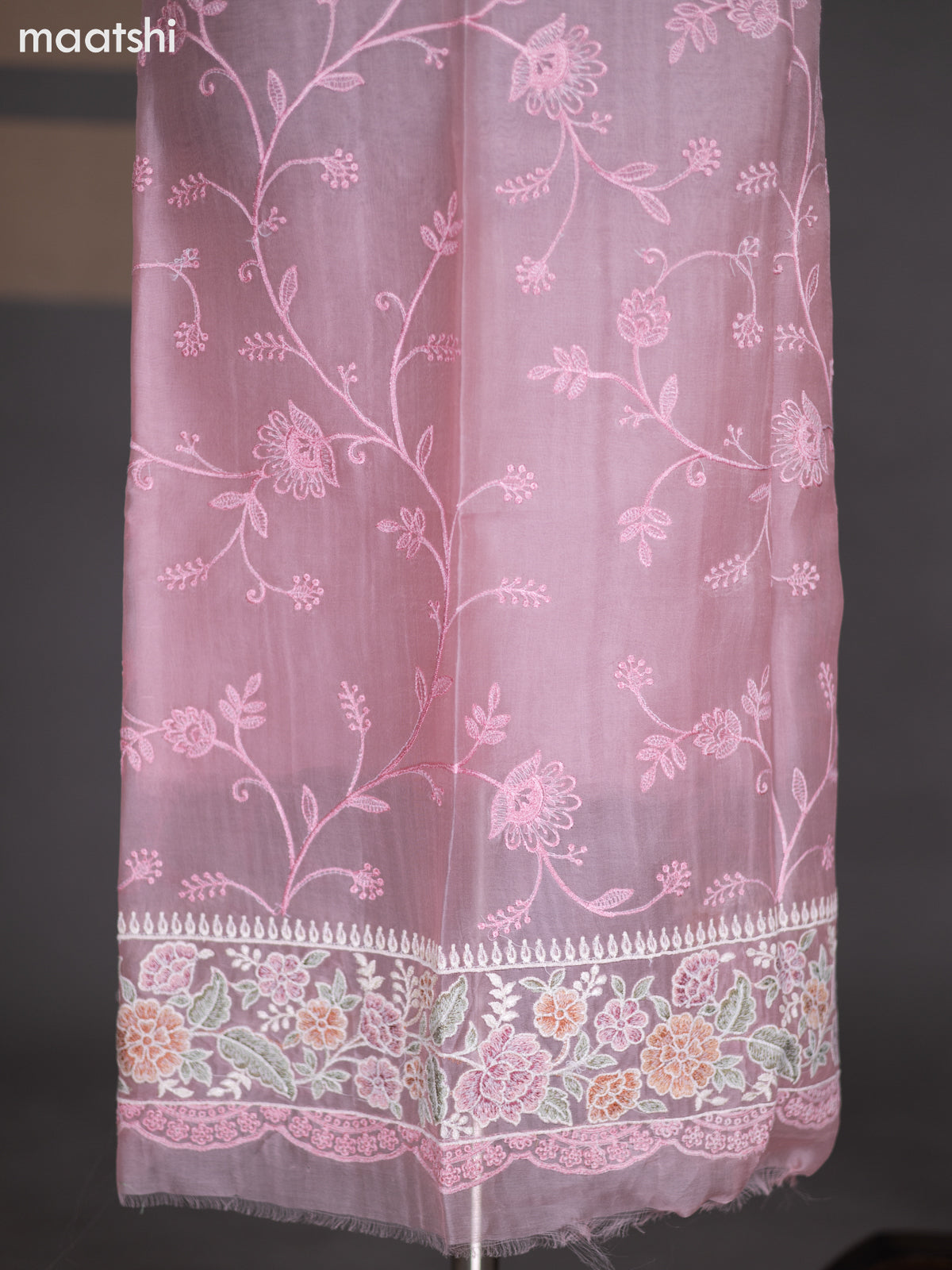 Mild Peach Pink Organza Dress Material With Embroidery Work Pattern and Bottom & Dupatta