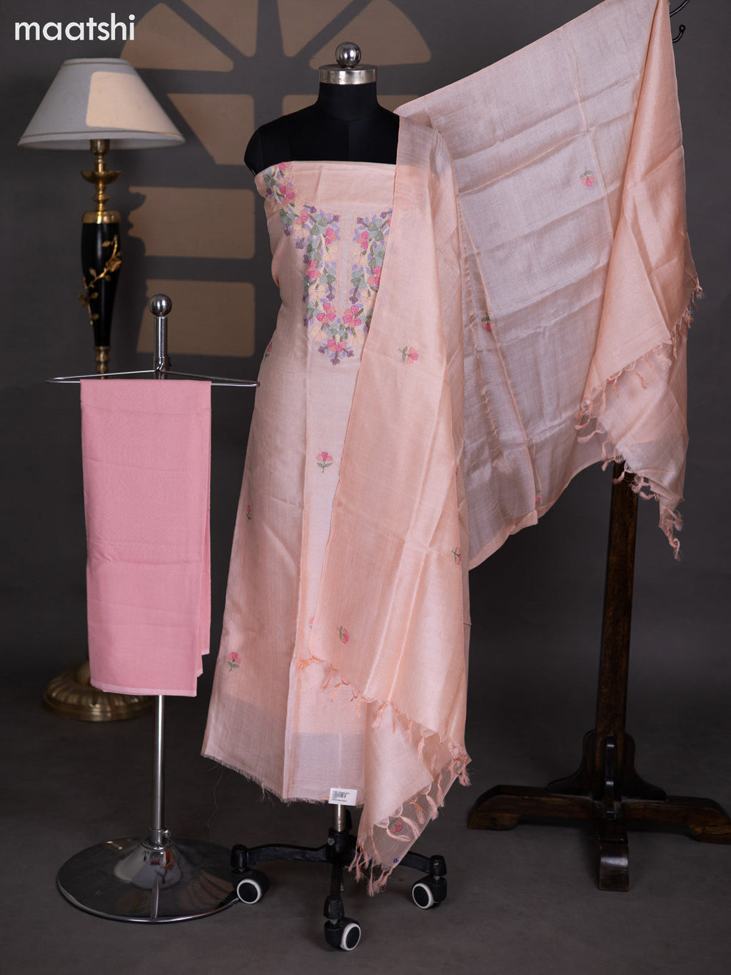 Mild Peach Pure Tussar Dress Material With Foral Embroidery Work Pattern
