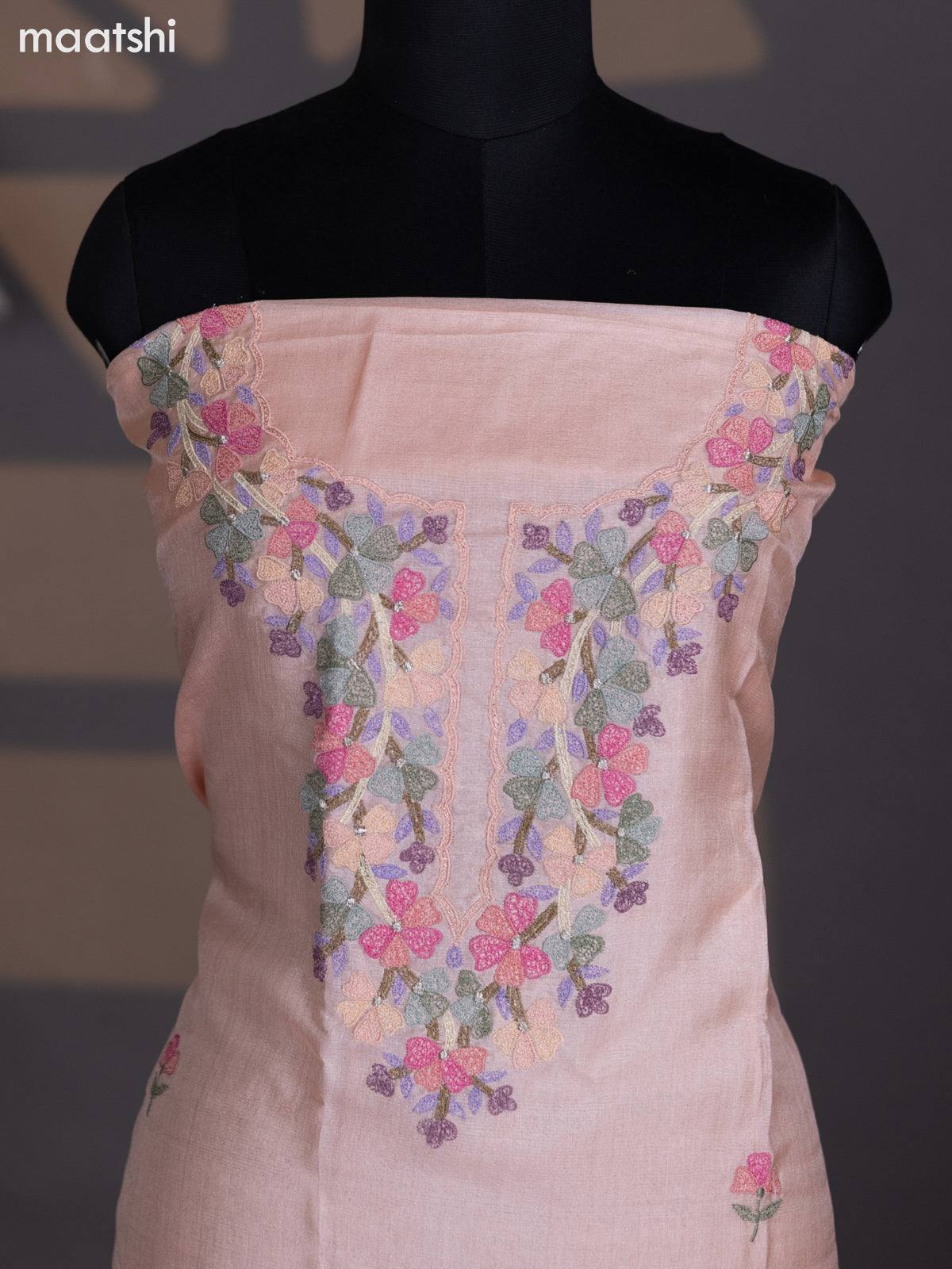 Mild Peach Pure Tussar Dress Material With Foral Embroidery Work Pattern