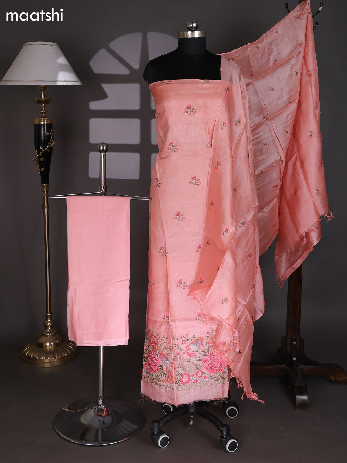 Mild Peach Pure Tussar Dress Material With Embroidery Work Pattern