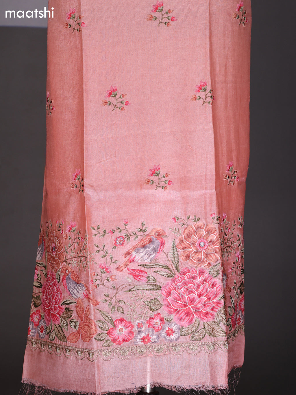 Mild Peach Pure Tussar Dress Material With Embroidery Work Pattern