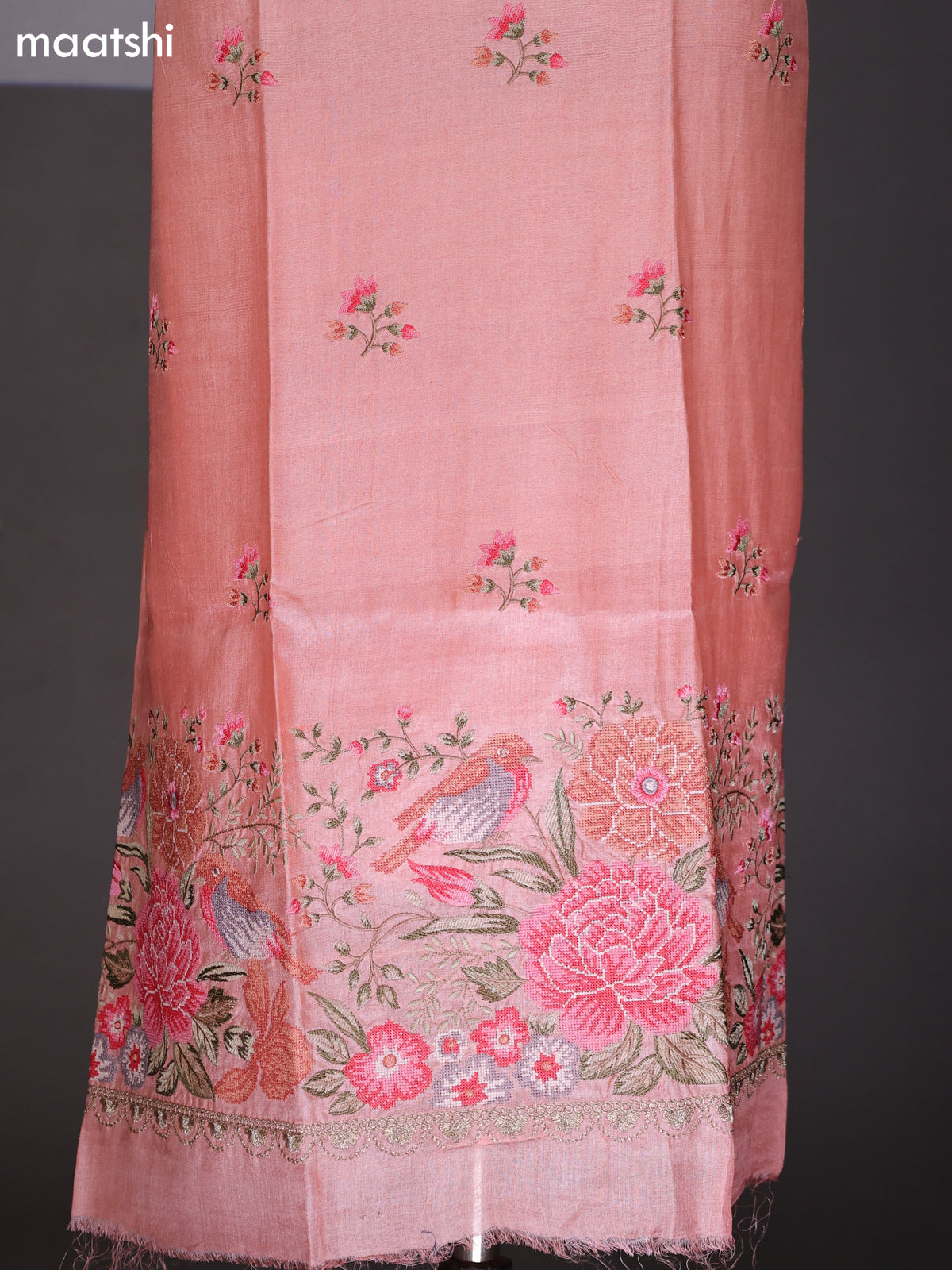 Mild Peach Pure Tussar Dress Material With Embroidery Work Pattern