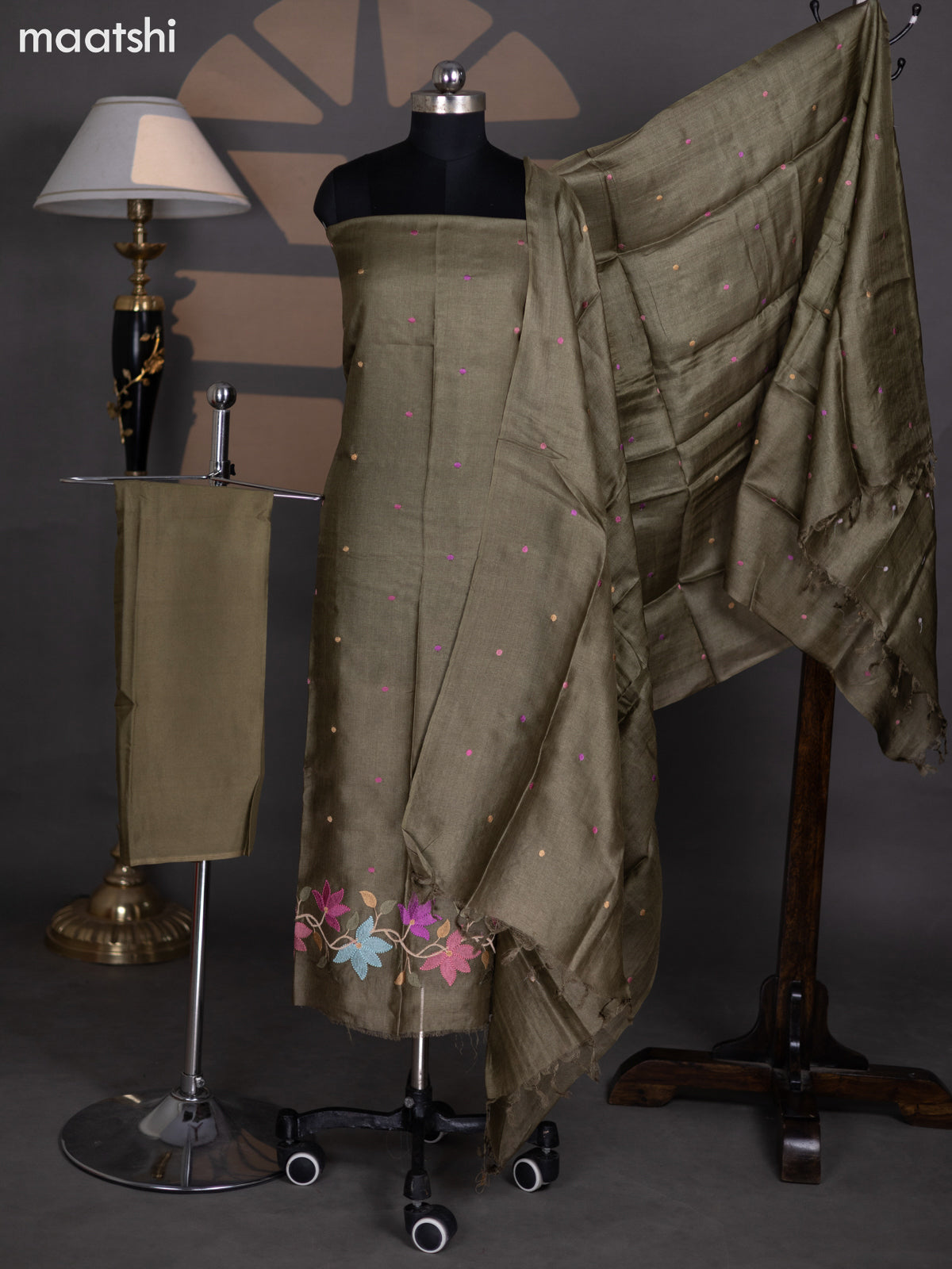 Dark Mehendi Green Pure Tussar Dress Material With Embroidery Work Pattern