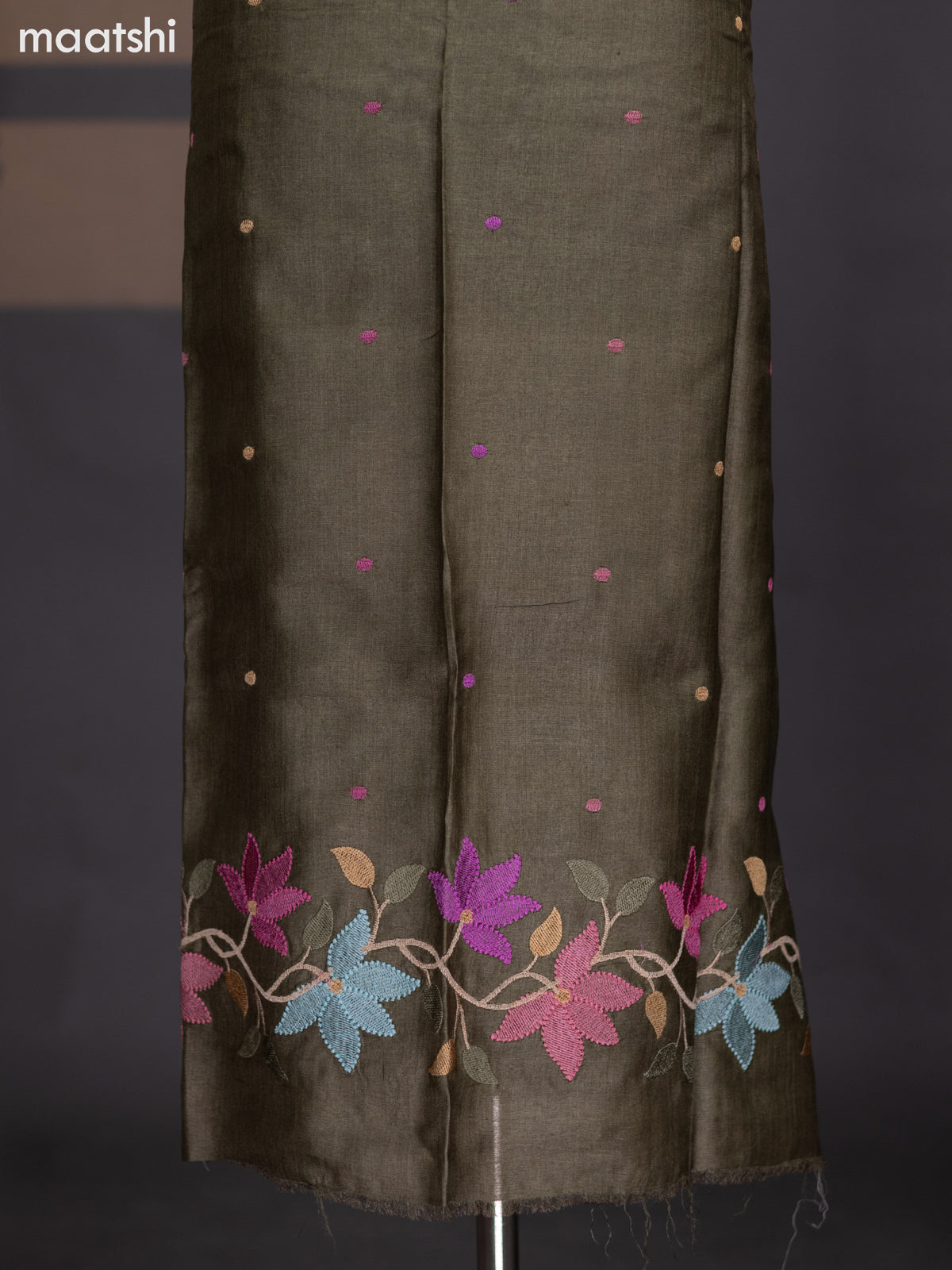 Dark Mehendi Green Pure Tussar Dress Material With Embroidery Work Pattern