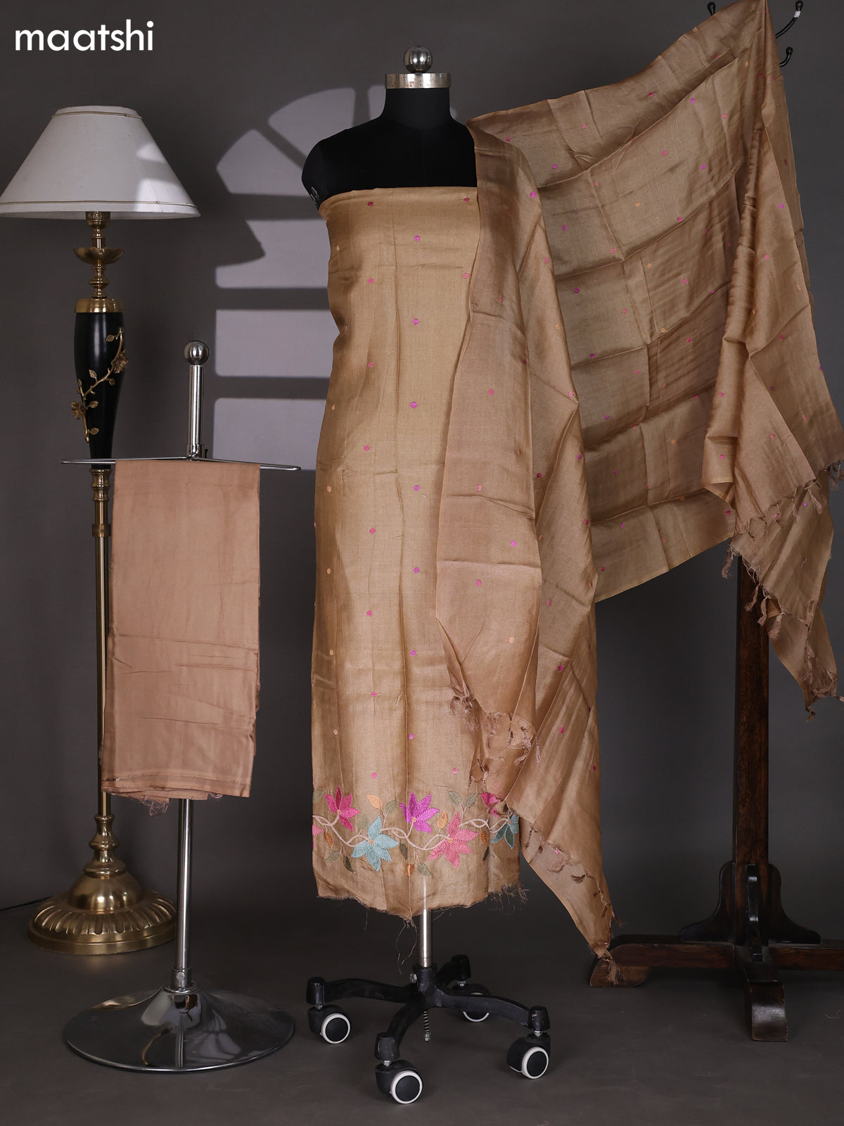 Pastel Brown Pure Tussar Dress Material With Embroidery Work Pattern