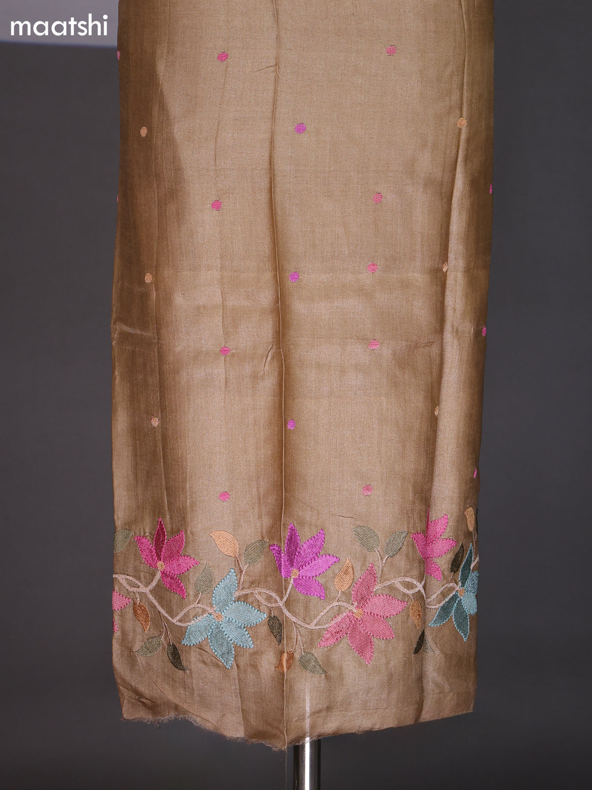 Pastel Brown Pure Tussar Dress Material With Embroidery Work Pattern