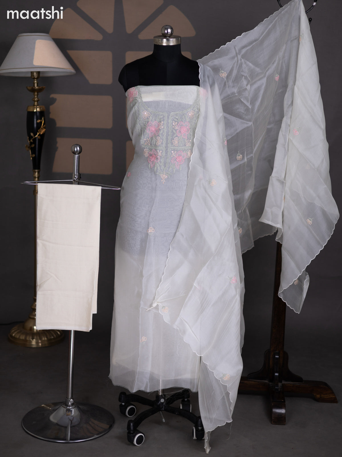Cream Organza Dress Material With Embroidery Work Pattern and Bottom & Dupatta