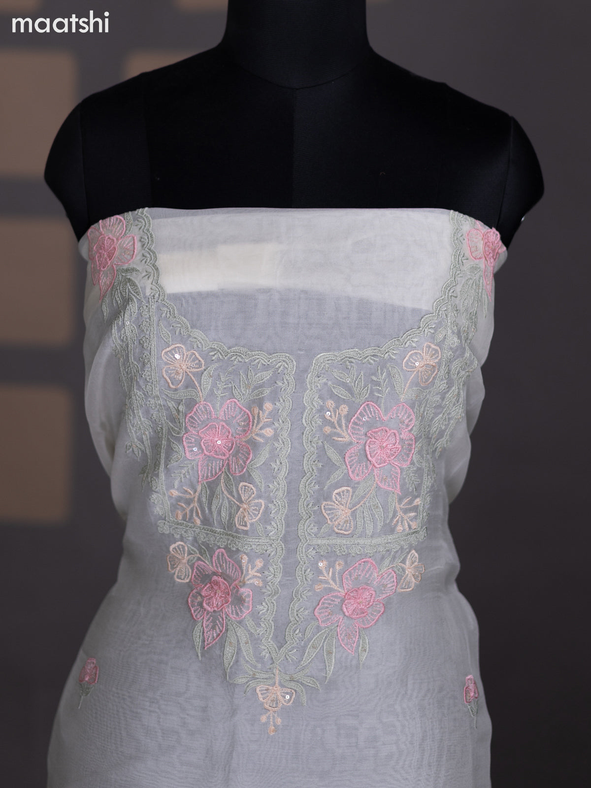 Cream Organza Dress Material With Embroidery Work Pattern and Bottom & Dupatta