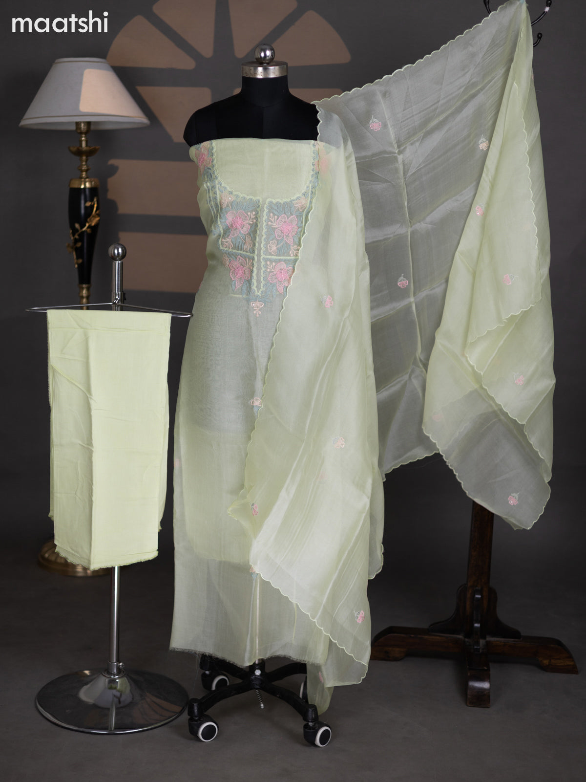 Mild Pista Green Organza Dress Material With Embroidery Work Pattern and Bottom & Dupatta