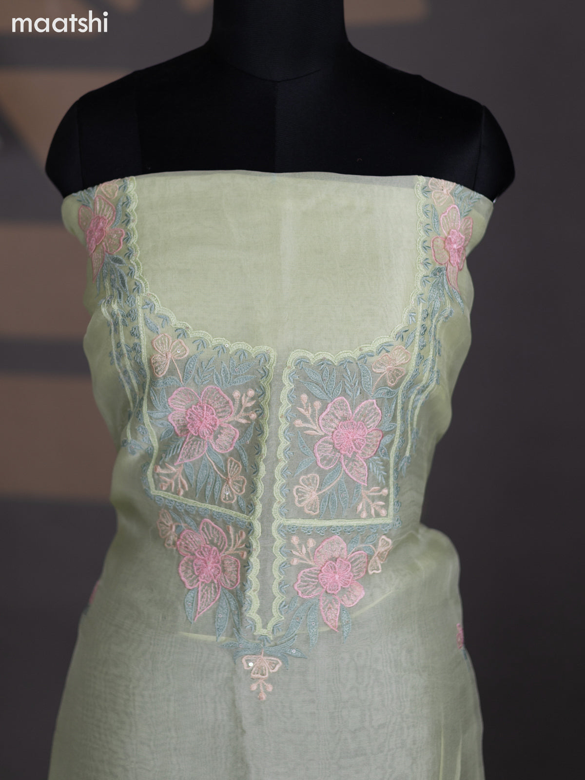 Mild Pista Green Organza Dress Material With Embroidery Work Pattern and Bottom & Dupatta