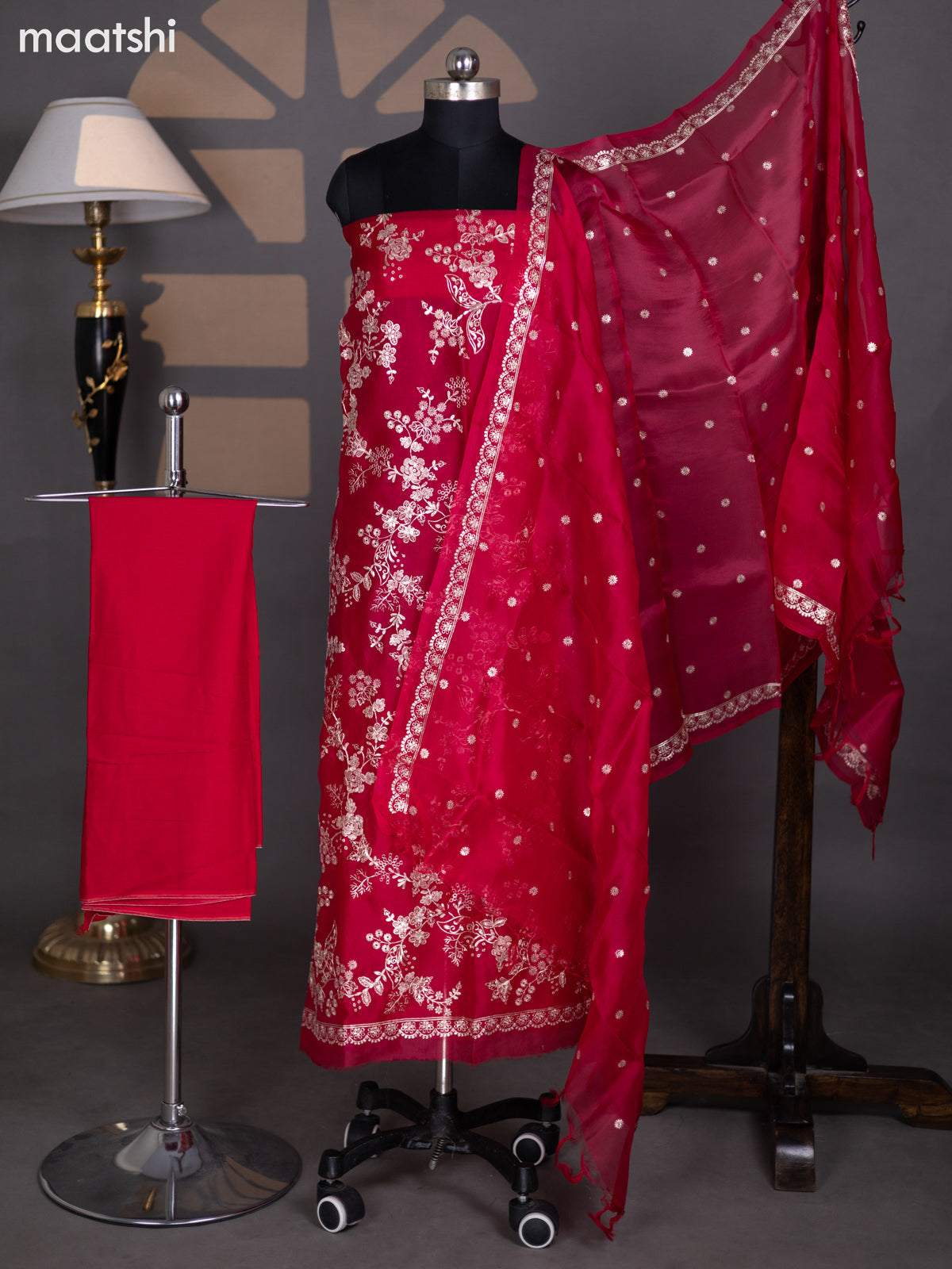 Pink Organza Dress Material With Gota Patti Work Pattern and Bottom & Dupatta