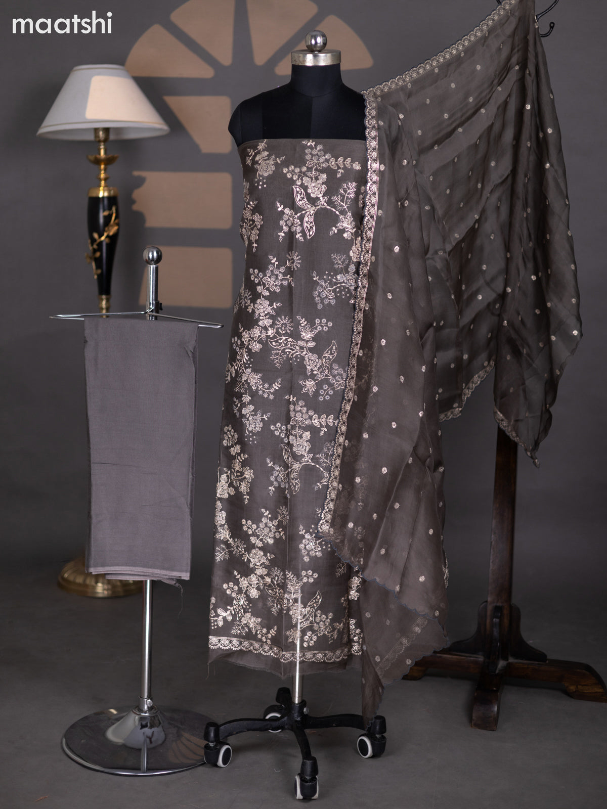 Elephant Grey Organza Dress Material With Gota Patti Work Pattern and Bottom & Dupatta
