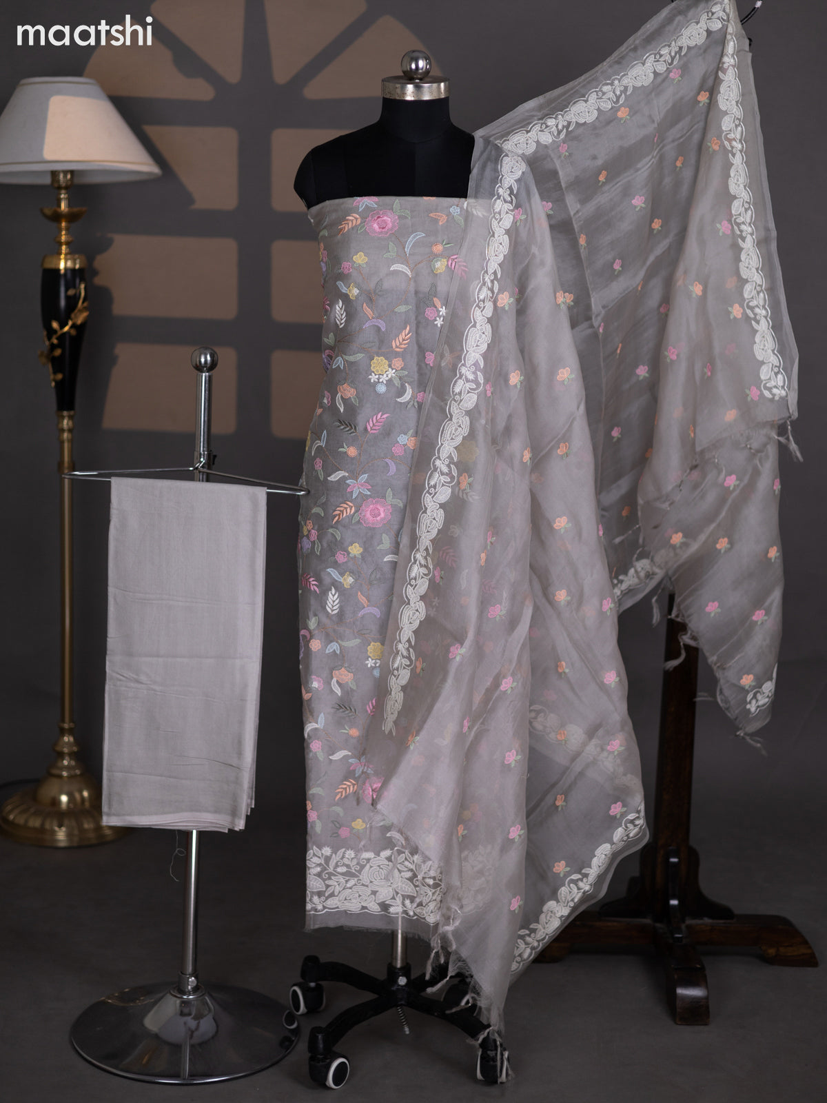 Pastel Grey Organza Dress Material With Floral Embroidery Work Pattern and Bottom & Dupatta