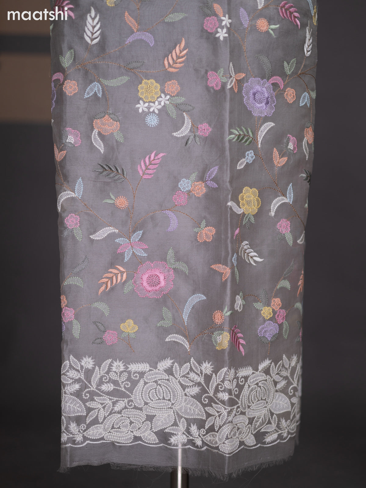Pastel Grey Organza Dress Material With Floral Embroidery Work Pattern and Bottom & Dupatta