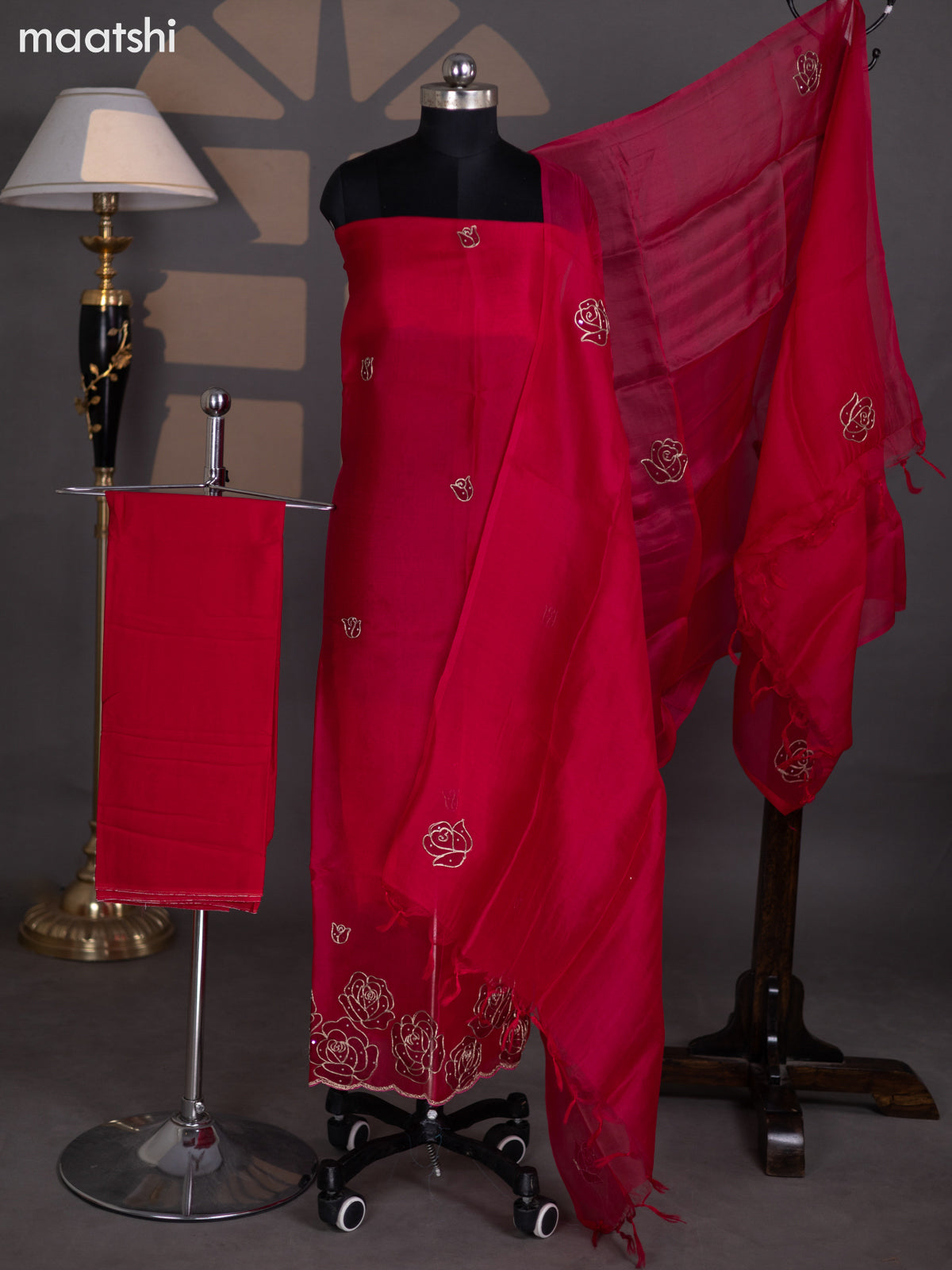 Reddish Pink Organza Dress Material With Gota Patti Work Pattern and Bottom & Dupatta