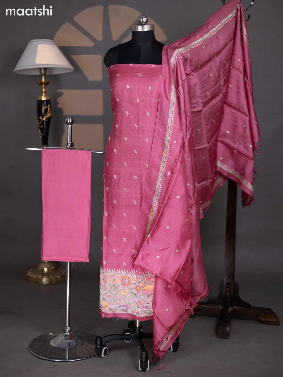 Peach Pink Pure Tussar Dress Material With Paithani Style Pattern