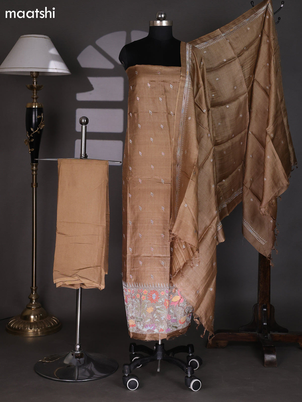 Brown Pure Tussar Dress Material With Paithani Style Pattern