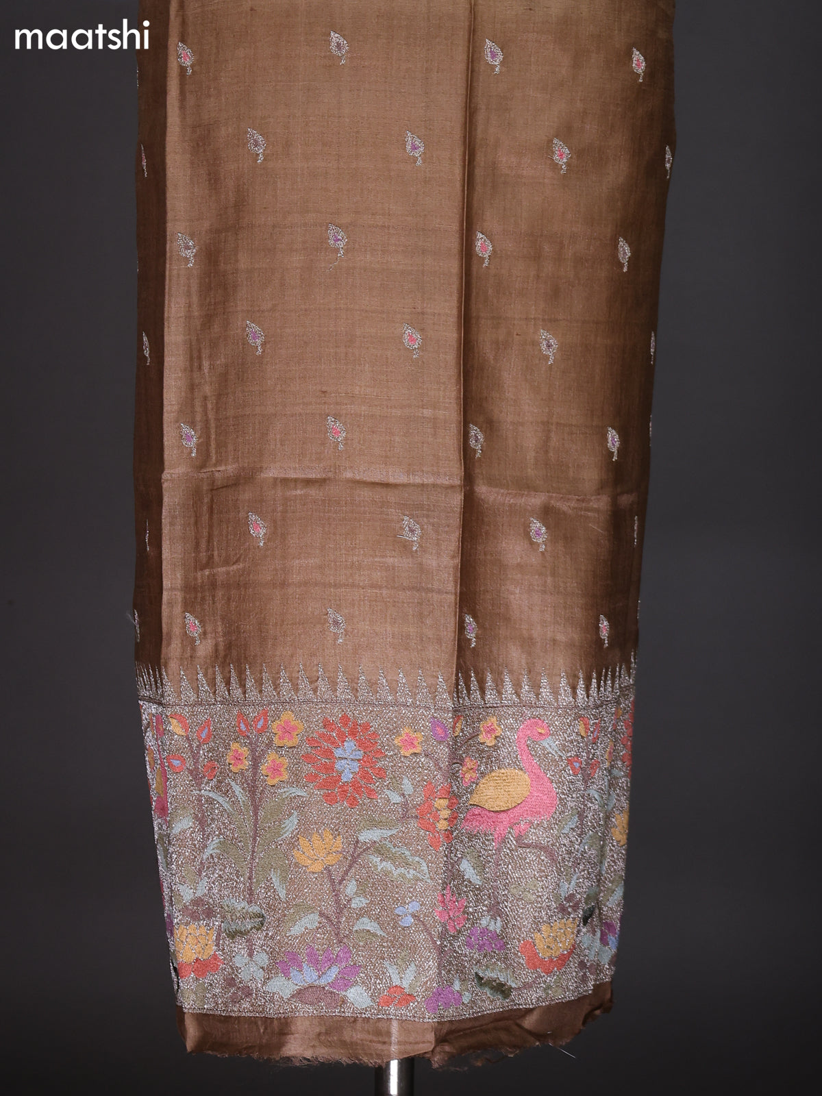 Brown Pure Tussar Dress Material With Paithani Style Pattern