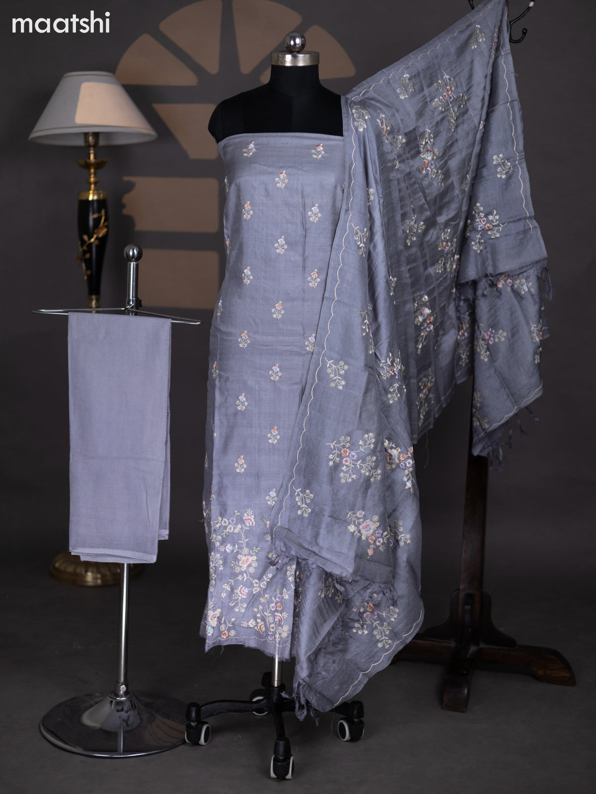 Grey Pure Tussar Dress Material With Floral Embroidery Work Pattern