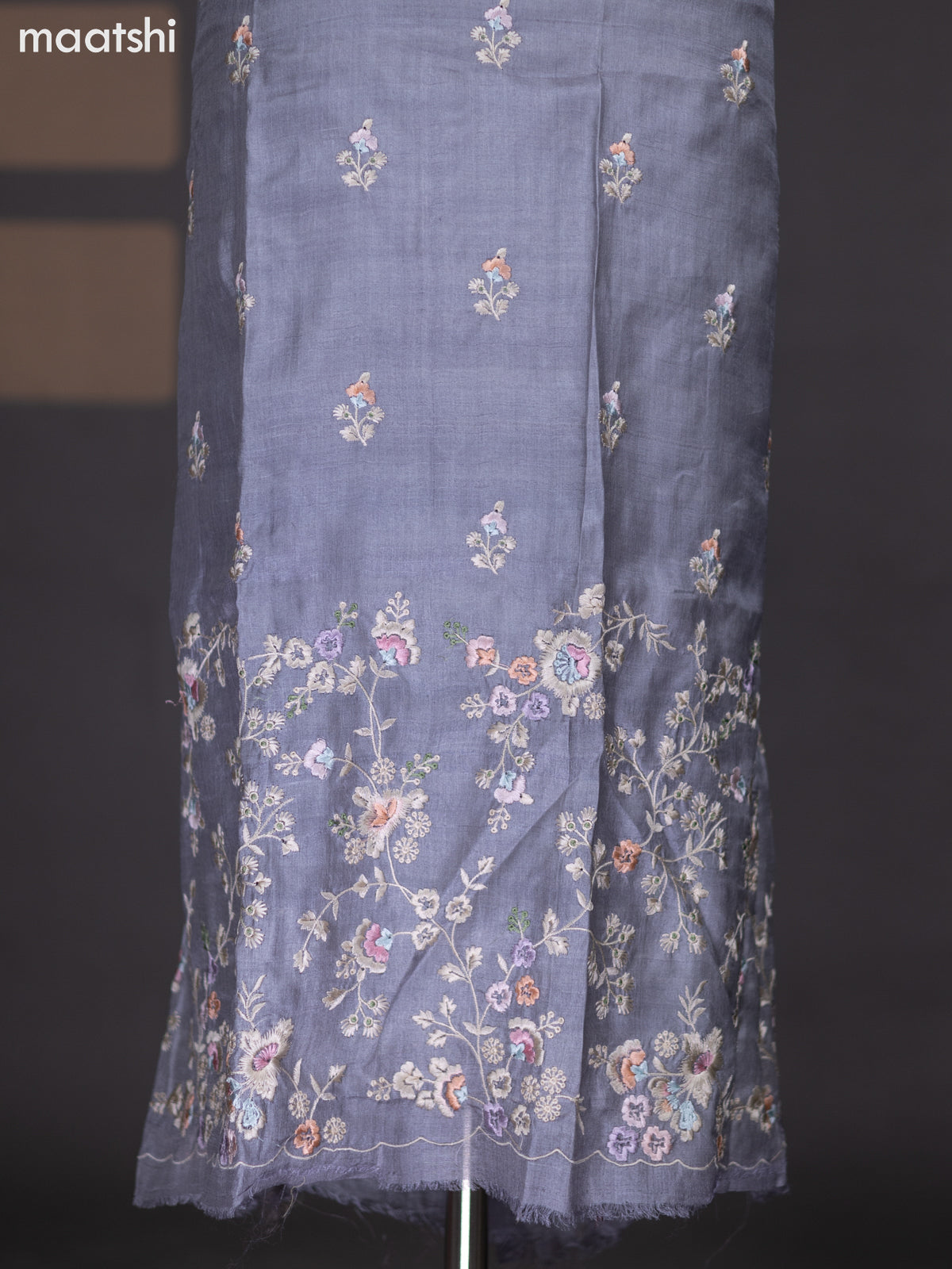 Grey Pure Tussar Dress Material With Floral Embroidery Work Pattern
