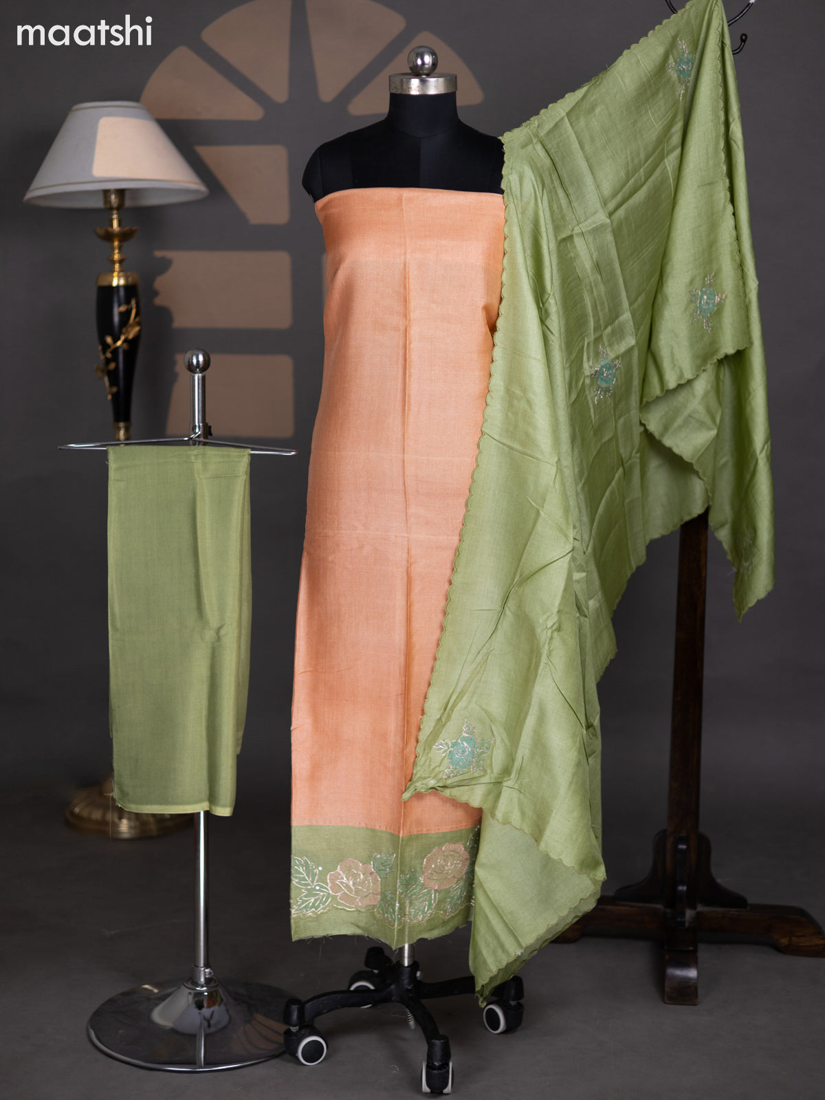 Peach and Pastel Green Pure Tussar Dress Material With Gota Patti Work Pattern