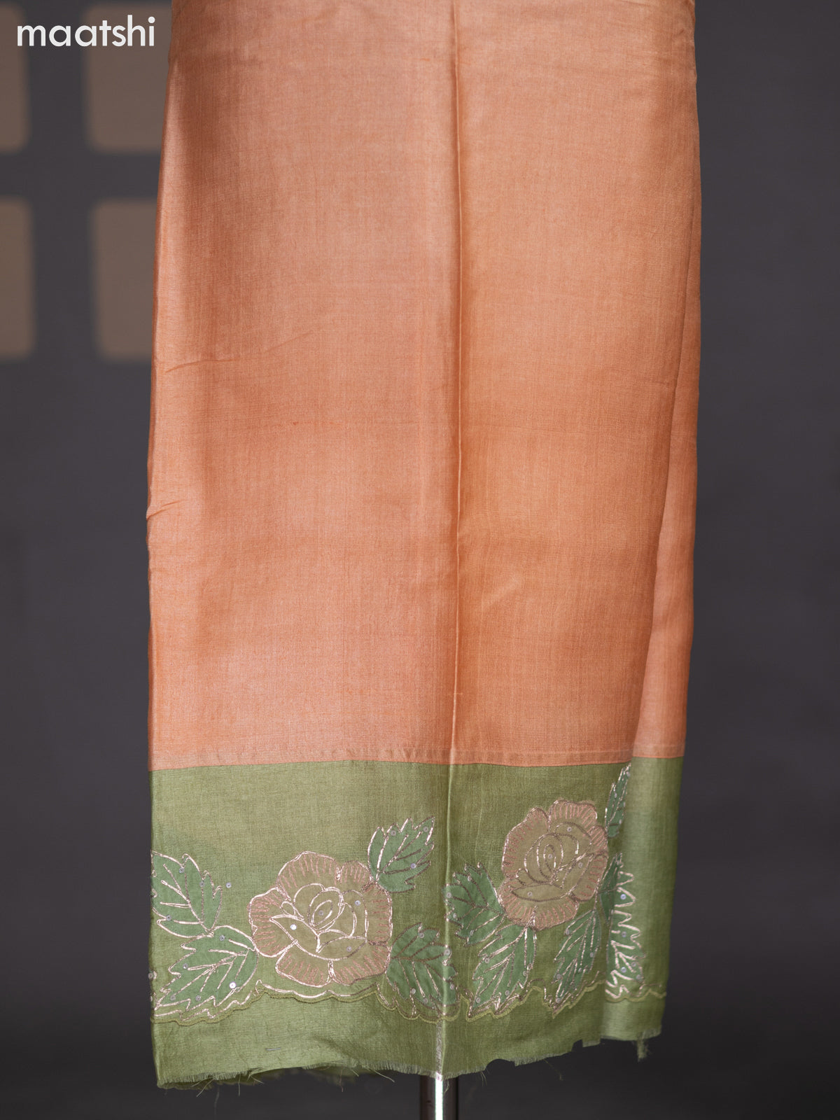 Peach and Pastel Green Pure Tussar Dress Material With Gota Patti Work Pattern
