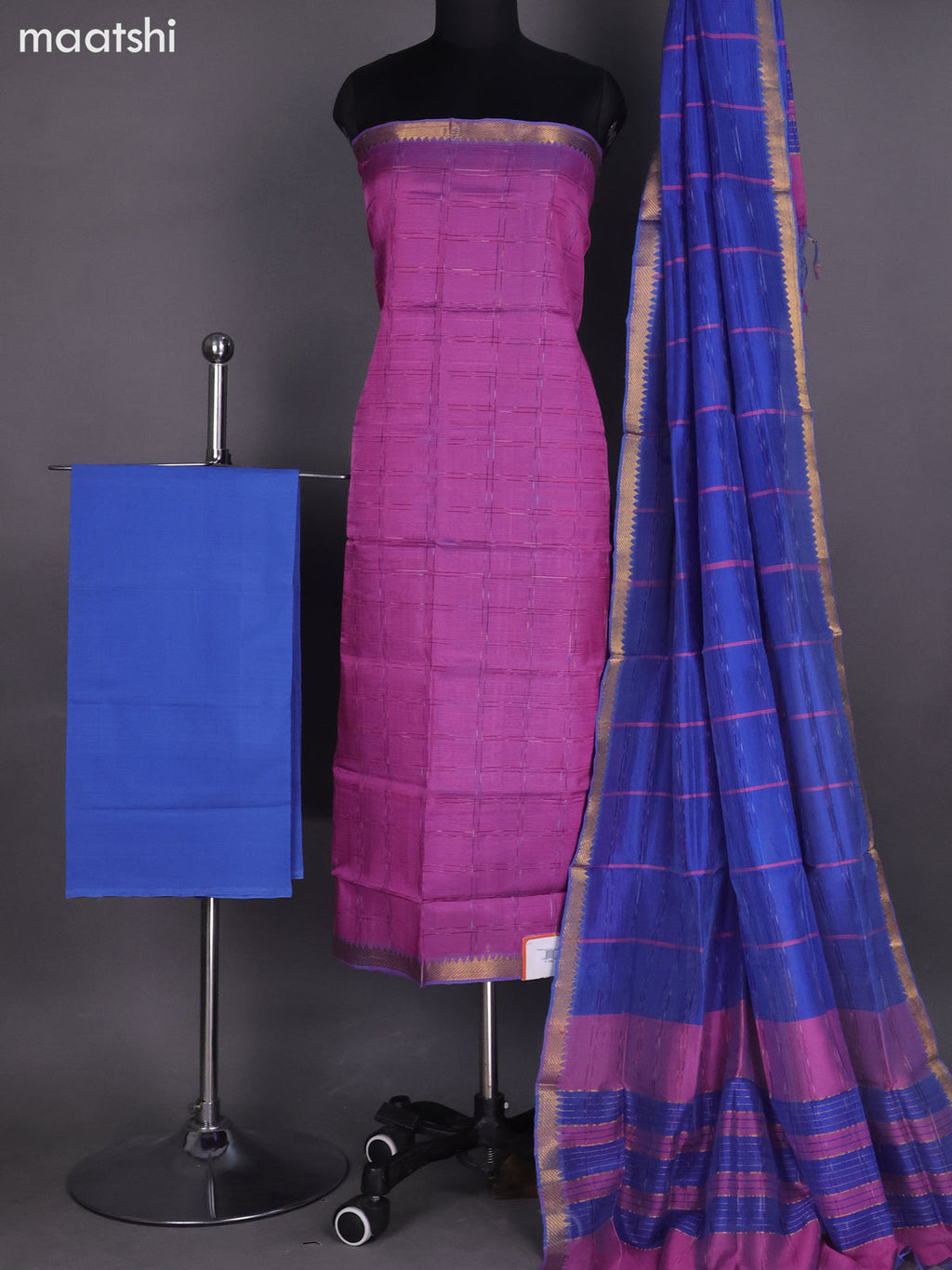 Dual Shade Of Pink and Blue Mangalagiri Silk Cotton Dress Material With Checked Pattern and Bottom & Dupatta