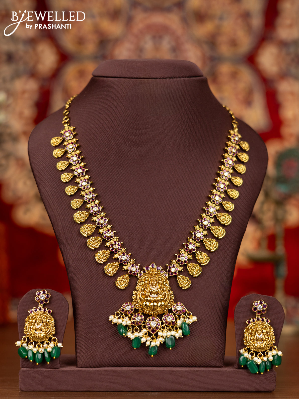 Antique necklace lakshmi design with kemp & cz stones and pearl & green beads hangings