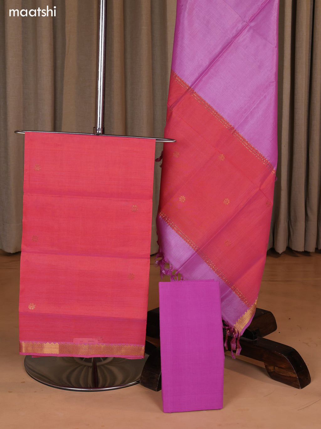 Peach Pink and Pink Mangalgiri Silk Cotton Dress Material With Zari Buttas and Bottom & Dupatta
