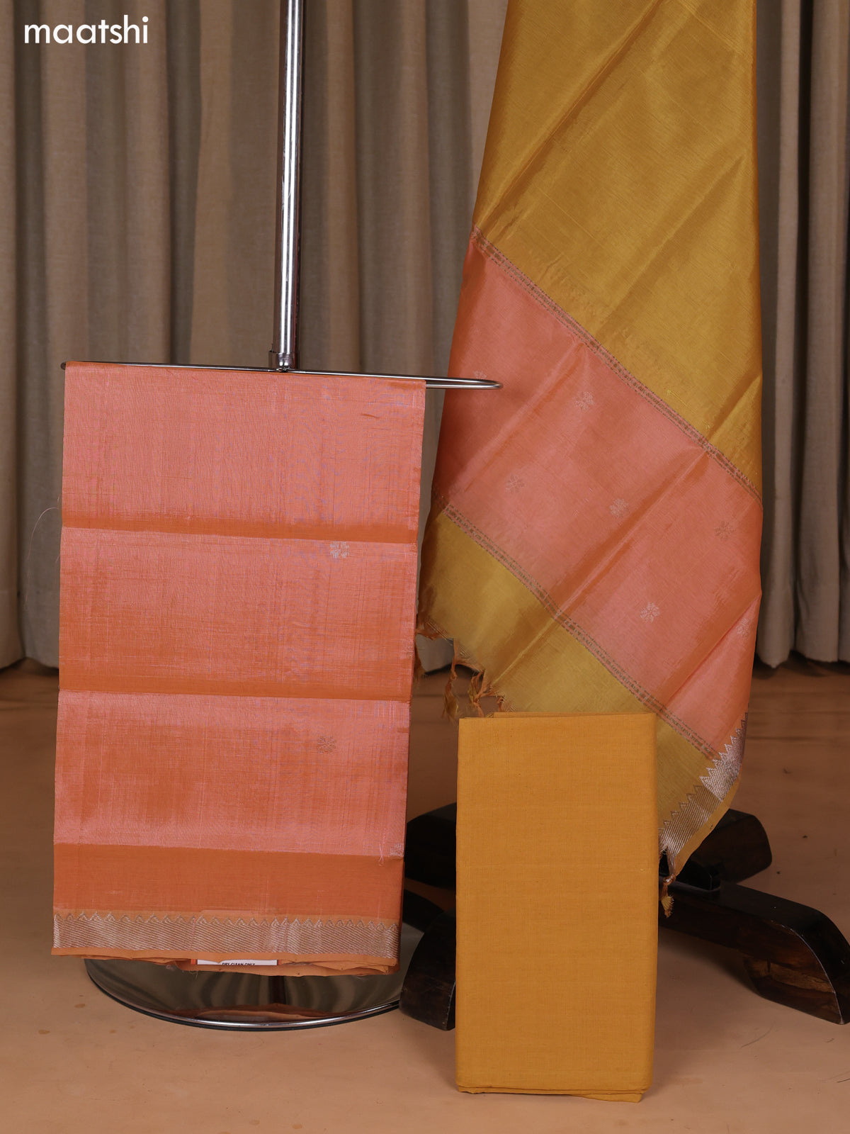 Dual Shade Of Peach and Mustard Mangalgiri Silk Cotton Dress Material With Zari Buttas and Bottom & Dupatta
