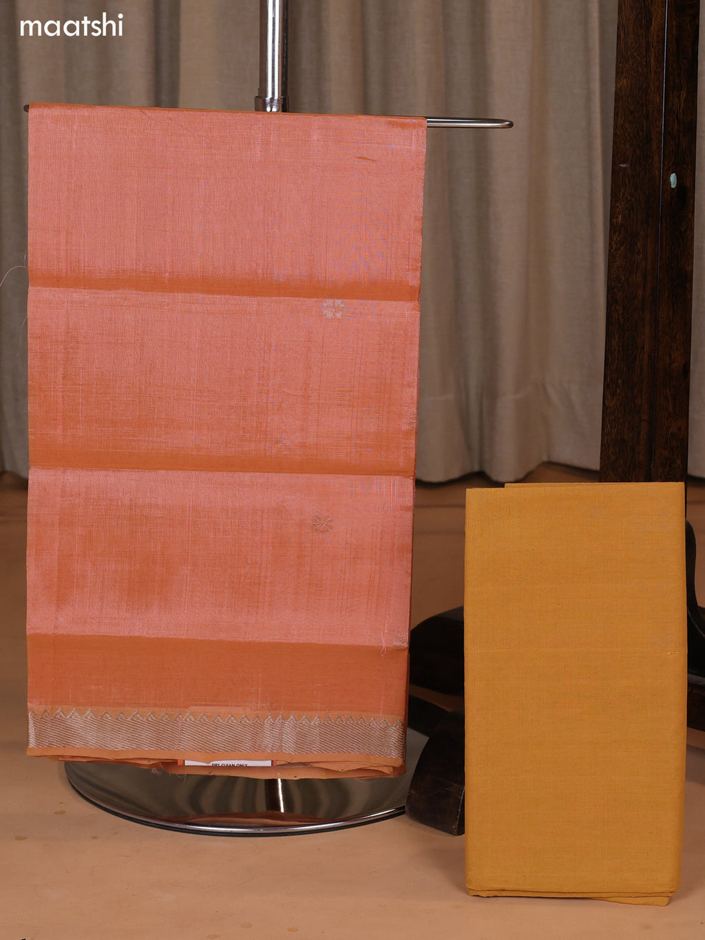 Dual Shade Of Peach and Mustard Mangalgiri Silk Cotton Dress Material With Zari Buttas and Bottom & Dupatta