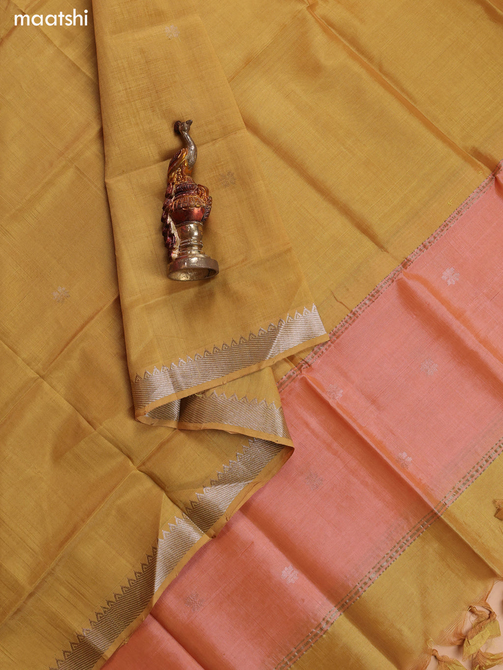 Dual Shade Of Peach and Mustard Mangalgiri Silk Cotton Dress Material With Zari Buttas and Bottom & Dupatta
